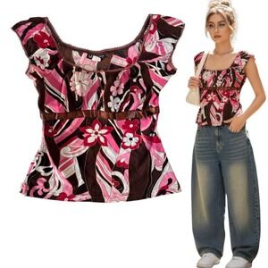 90'S Y2K VTG. SELF ESTEEM MADE IN USA PINK FLORAL BROWN SATIN BOW TOP LARGE